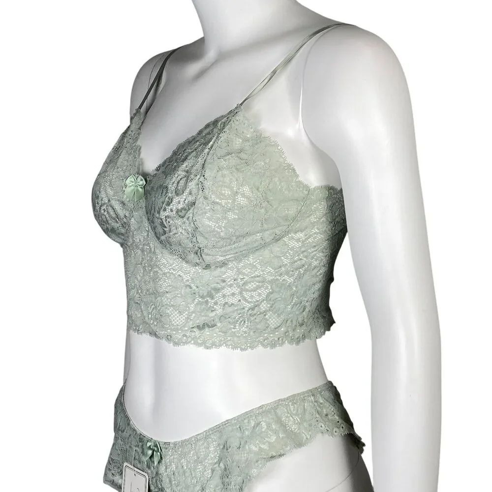 Rene Rofe Lingerie Unforgettable Lace Bralette and Panty Set Size M Sage Green - Picture 4 of 8